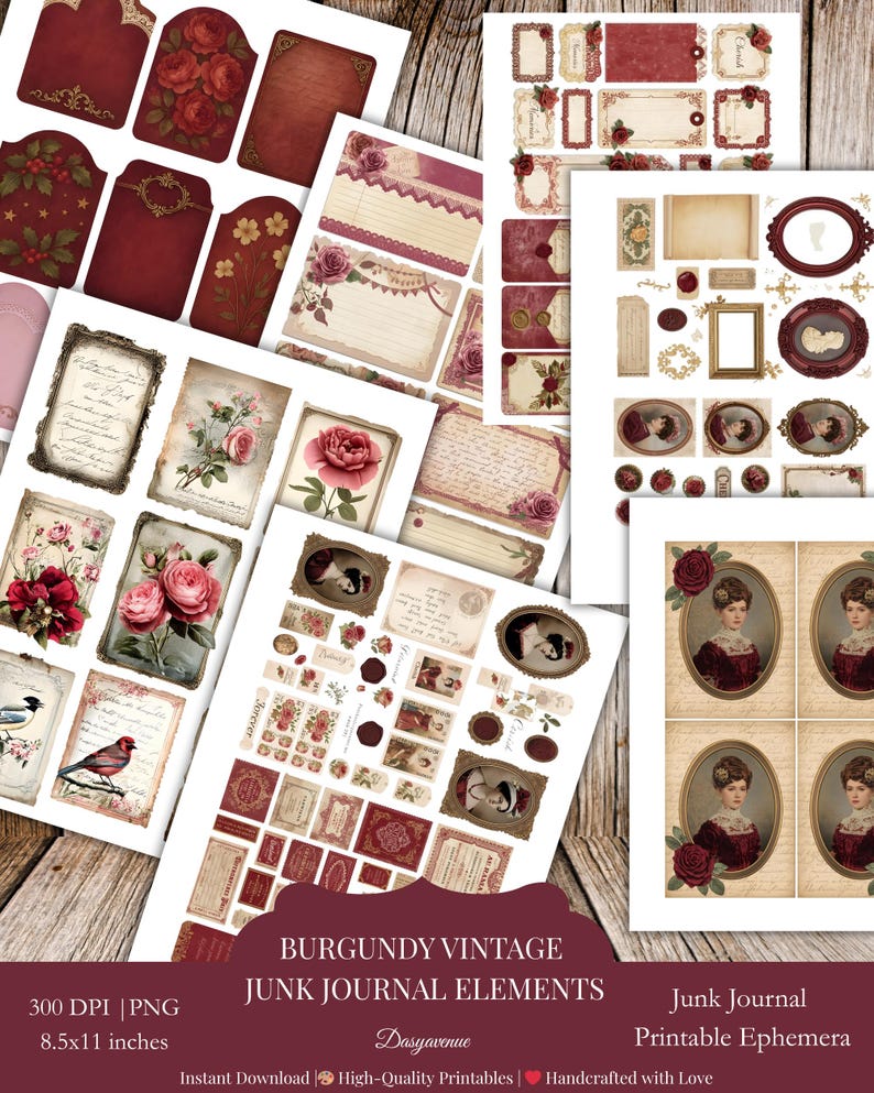 Burgundy Vintage Junk Journal Ephemera Pack | Printable Tags, Frames ...