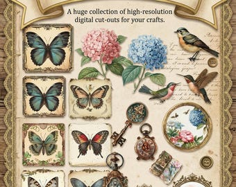 Conjunto de efímeros vintage imprimibles, kit para diario creativo con etiquetas, rótulos, tarjetas y elementos recortados, papeles para álbumes de recortes