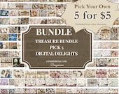 Pick 5 for 5 USD, Custom Junk Journal Bundle,  Choose Any 5 Printable Digital Junk journal Set, Ephemera, Tags,  Printable Subscription