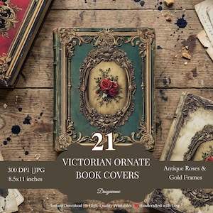 Puede incluir: Cubiertas de libros victorianos ornamentados con rosas antiguas y marcos dorados. Las cubiertas miden 21,59 x 27,94 cm y presentan un diseño floral. La imagen incluye el texto "21" y "Victorian Ornate Book Covers".