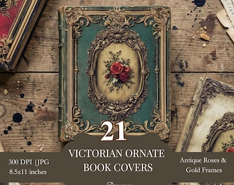 Victorian Ornate Book Covers Printable, Antique Rose Vintage Floral Covers for Junk Journals, Old Book Cover Pages 8.5x11