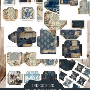 Può includere: Una collezione di tasche di carta blu indaco con vari disegni, tra cui motivi floreali e testo. Le tasche sono di diverse forme e dimensioni, stampate su carta di 21 x 28 cm. La collezione si intitola "Indigo Blue Pockets Collection."