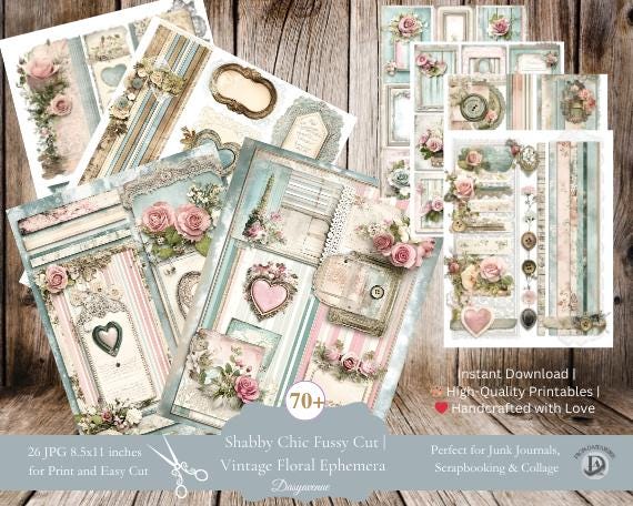 Blue and Pink Victorian Ephemera & Fussy Cut Digital Papers | Elegant Flowers Frame| Nostalgic Aqua Blue Ephemera | Elegant Flowers