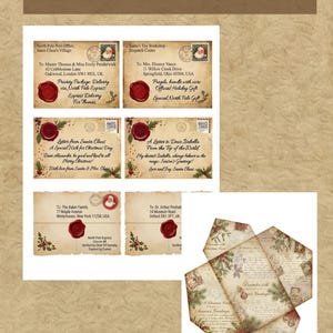 May include: A collection of printable stationery featuring vintage-style envelopes and letters with North Pole themes. The designs include red wax seals, holiday stamps, holly illustrations, and text such as North Pole Post Office and Season's Greetings.