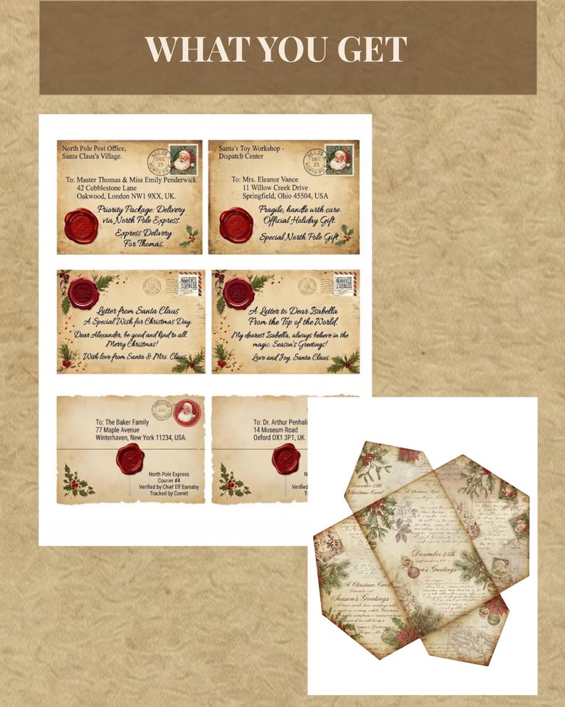 May include: A collection of printable stationery featuring vintage-style envelopes and letters with North Pole themes. The designs include red wax seals, holiday stamps, holly illustrations, and text such as North Pole Post Office and Season's Greetings.
