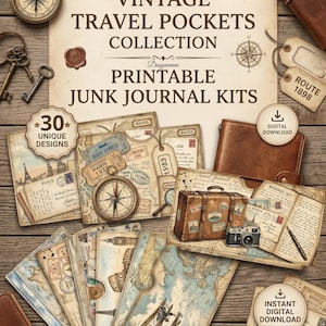 Puede incluir: Una colección de kits de diario basura imprimibles con temática vintage. La imagen presenta elementos de viaje, incluyendo postales, mapas, equipaje y una brújula. El texto dice "Vintage Travel Pockets Collection Printable Junk Journal Kits" con "30 Unique Designs".