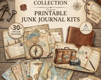 May include: A collection of vintage-themed printable junk journal kits. The image features travel-themed ephemera, including postcards, maps, luggage, and a compass. The text reads "Vintage Travel Pockets Collection Printable Junk Journal Kits" with "30 Unique Designs".