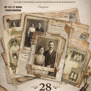 Puede incluir: Una colección de retratos familiares vintage y efímeras para diarios basura y scrapbooking. La imagen incluye fotografías en tonos sepia, recortes de periódicos y el texto "Vintage Family Portraits" y "28 Digital Pages". Las páginas digitales miden 21,6 x 27,9 cm.