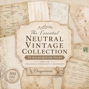 Könnte beinhalten: Eine Sammlung von 35 neutralen Vintage-Hintergrundseiten mit gealterten Papiertexturen, handschriftlichen Einträgen, floralen Skizzen und Briefmarken. Das zentrale Etikett zeigt den Text The Essential NEUTRAL VINTAGE COLLECTION.