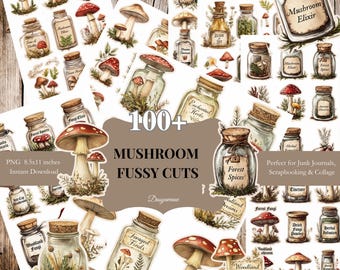 Vintage Mushroom Fussy Cuts, Vintage Botanical Mushroom Ephemera, Fussy Cuts Printable for Forest Junk Journals