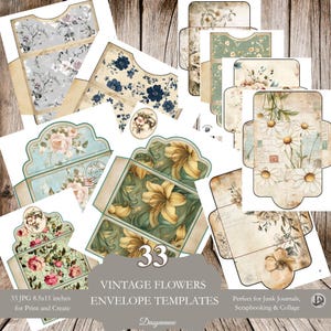 Plantillas de diarios con flores y sobres vintage, efímeras imprimibles, bolsillos plegables para álbumes de recortes, set de efímeras románticas para diarios basura