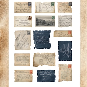 May include: A selection of vintage postcards and handwritten notes, complete with stamps. The postcards display scenic views and handwritten messages. The notes are torn and aged, with faded ink and a distressed aesthetic. The word "INCLUDED" is at the top.
