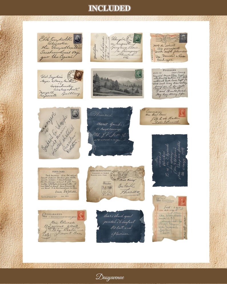 May include: A selection of vintage postcards and handwritten notes, complete with stamps. The postcards display scenic views and handwritten messages. The notes are torn and aged, with faded ink and a distressed aesthetic. The word "INCLUDED" is at the top.