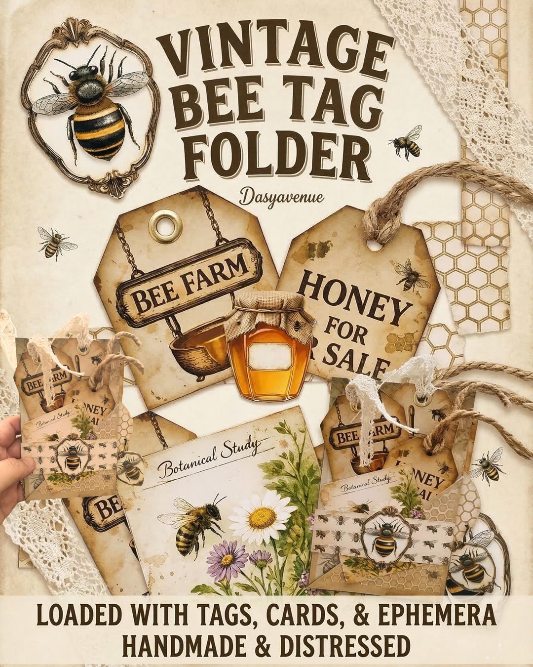 Vintage Bee Tag Folder, Junk Journal Tag Pocket, Honey Bee Ephemera ...