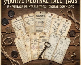 Etiquetas altas neutras para archivo imprimibles, etiquetas de contabilidad vintage, etiquetas para efímeros, etiquetas para diarios de recortes, etiquetas antiguas, etiquetas para collage
