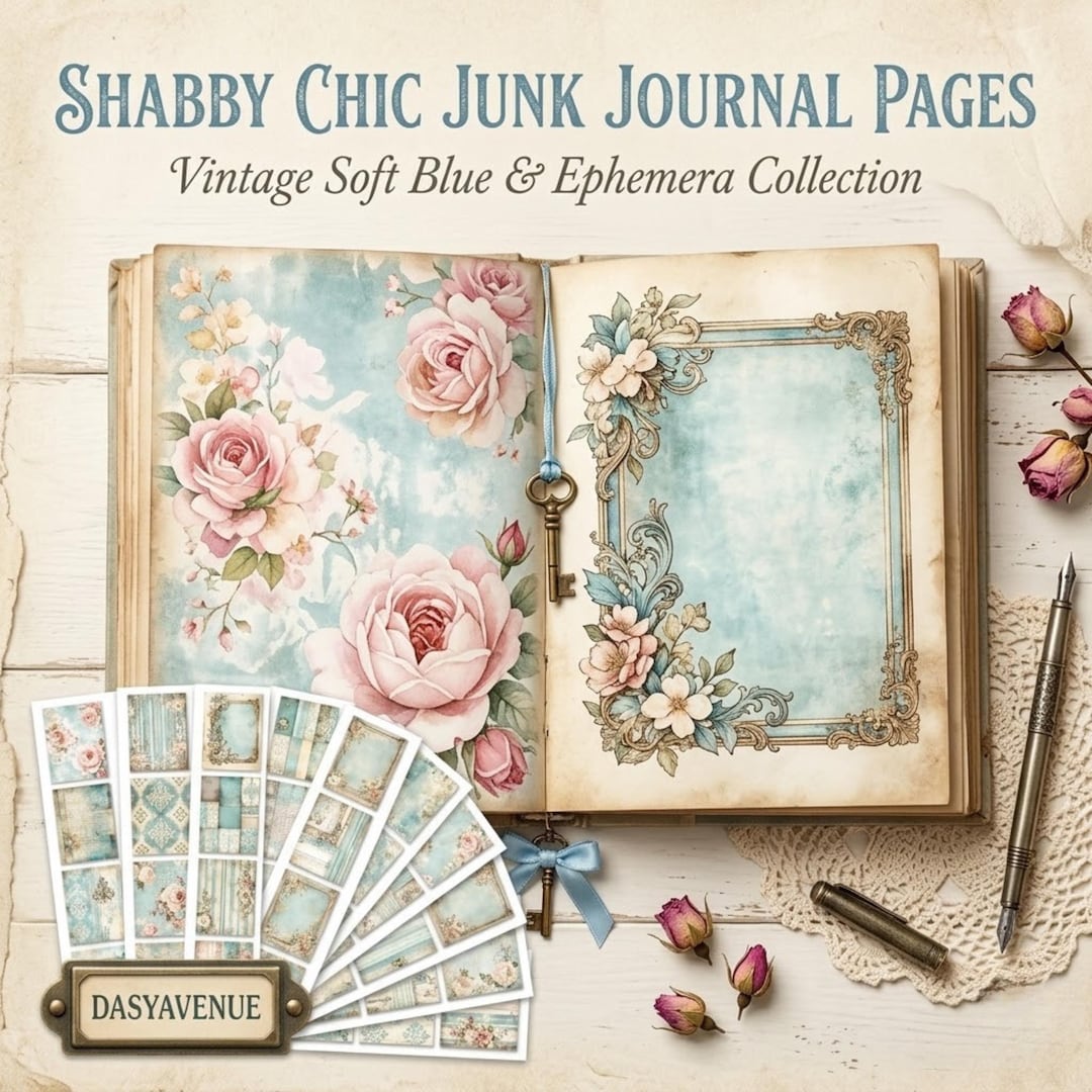 Shabby Chic Junk Journal Pages | Vintage Floral Printable Papers | Blue ...