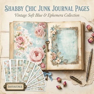 Shabby Chic Junk Journal Seiten | Vintage Blumen bedruckbare Papiere | Blaue Rose Hintergründe | Ephemera Seiten | Collage Papierpackung