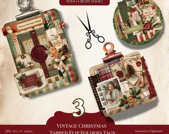 Vintage Christmas Tabbed Flip Folders Printable – Interactive Clipboard Pockets & Round Tags Ephemera for Junk Journals, Scrapbooking