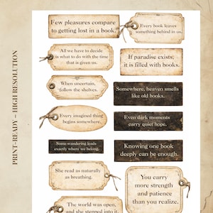 Book Lover Word Strips Printable, Vintage Library Phrases, Junk Journal Ephemera, Reading Quotes, Bookish Collage Strips image 7