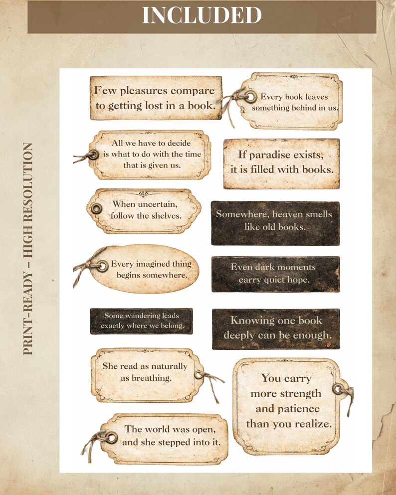 Book Lover Word Strips Printable, Vintage Library Phrases, Junk Journal Ephemera, Reading Quotes, Bookish Collage Strips image 7