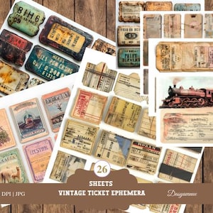 Ephemera druckbare Vintage Tickets 26 Blatt für Junk Journals, Scrapbooking, hochwertiges digitales Download Kit, Retro Ephemera