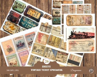 Ephemera Printable Vintage Tickets 26 Sheets for Junk Journals, Scrapbooking, High-Quality Digital Download Kit, Retro Ephemera