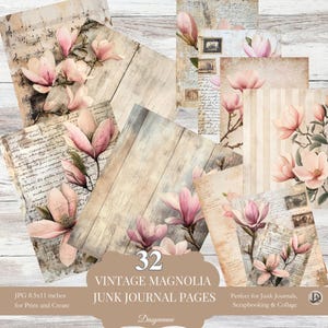 Páginas de diario vintage de Magnolia, efímeras imprimibles, set de collage de scrapbooking, papel estético shabby chic, descarga digital