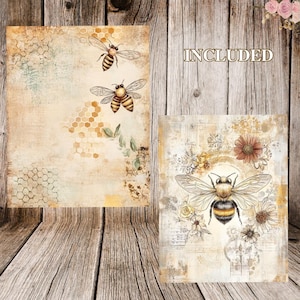 K&ouml;nnte beinhalten: Zwei digitale druckbare Bilder mit Bienen und Wabenmustern. Das erste Bild zeigt zwei Bienen, die in der N&auml;he eines Wabenmusters auf einem strukturierten Hintergrund fliegen. Das zweite Bild zeigt eine Biene, die in der Mitte eines Blumendesigns fliegt, mit dem Wort "INCLUDED" in der oberen rechten Ecke.