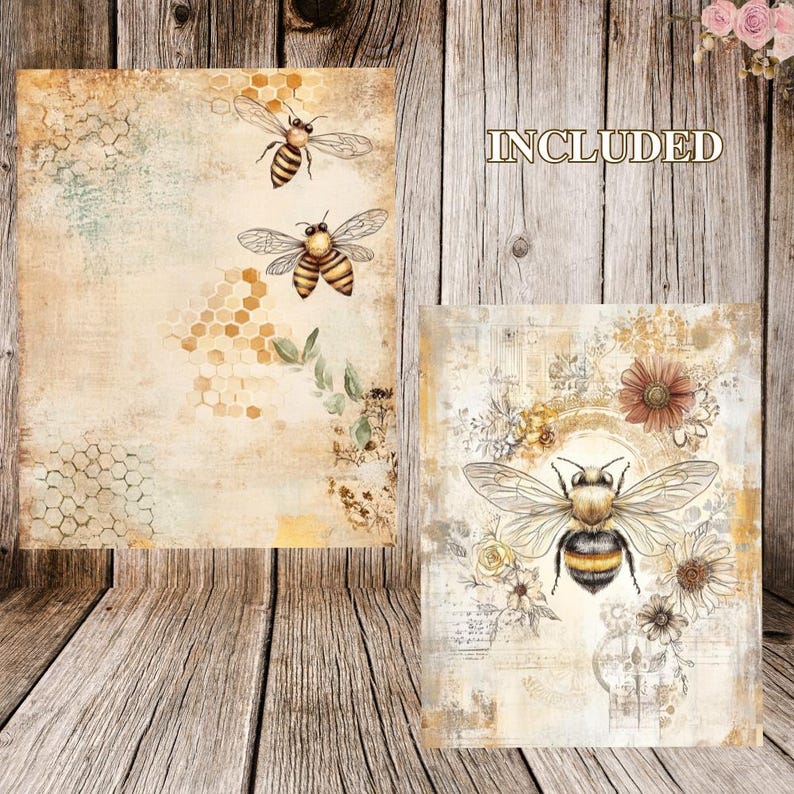K&ouml;nnte beinhalten: Zwei digitale druckbare Bilder mit Bienen und Wabenmustern. Das erste Bild zeigt zwei Bienen, die in der N&auml;he eines Wabenmusters auf einem strukturierten Hintergrund fliegen. Das zweite Bild zeigt eine Biene, die in der Mitte eines Blumendesigns fliegt, mit dem Wort "INCLUDED" in der oberen rechten Ecke.