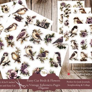 Éphémères imprimables à coupe délicate | 14 pages d'oiseaux et de fleurs vintage | Journal indésirable, Scrapbooking, Fabrication de cartes bricolage, Collage artistique PNG