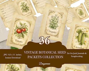 May include: A collection of 36 vintage botanical seed packets for junk journals and scrapbooking. Each packet features a botanical illustration and plant name, such as tomato, oregano, and cucumber. The packets are printed on aged paper.