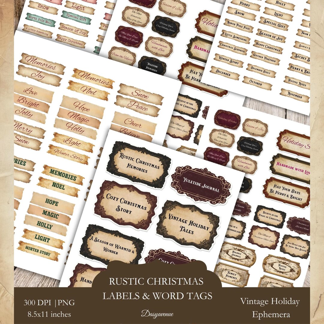 Winter Rustic Labels Rustic Christmas Labels Printable, Vintage Holiday Word Tags, Junk ...