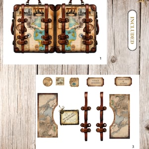 May include: Two vintage-style suitcases with brown leather straps and handles, featuring a world map design. Additional elements include postcards, stamps, and a tag that reads "My Suitcase of Memories". The word "Included" is also visible.