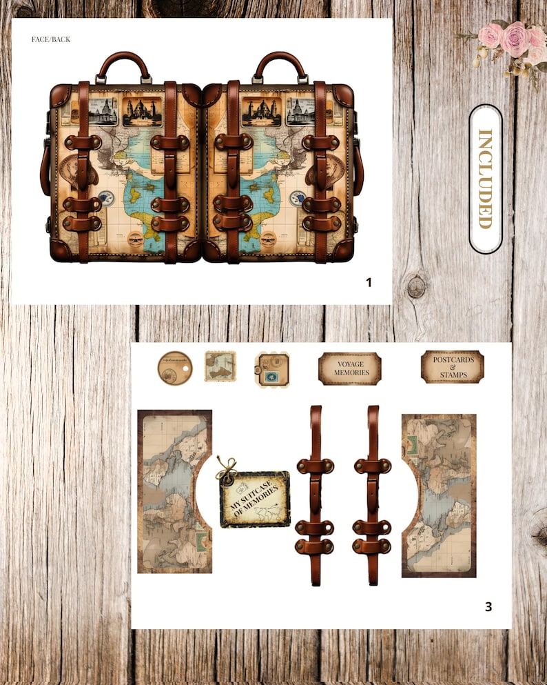 May include: Two vintage-style suitcases with brown leather straps and handles, featuring a world map design. Additional elements include postcards, stamps, and a tag that reads "My Suitcase of Memories". The word "Included" is also visible.
