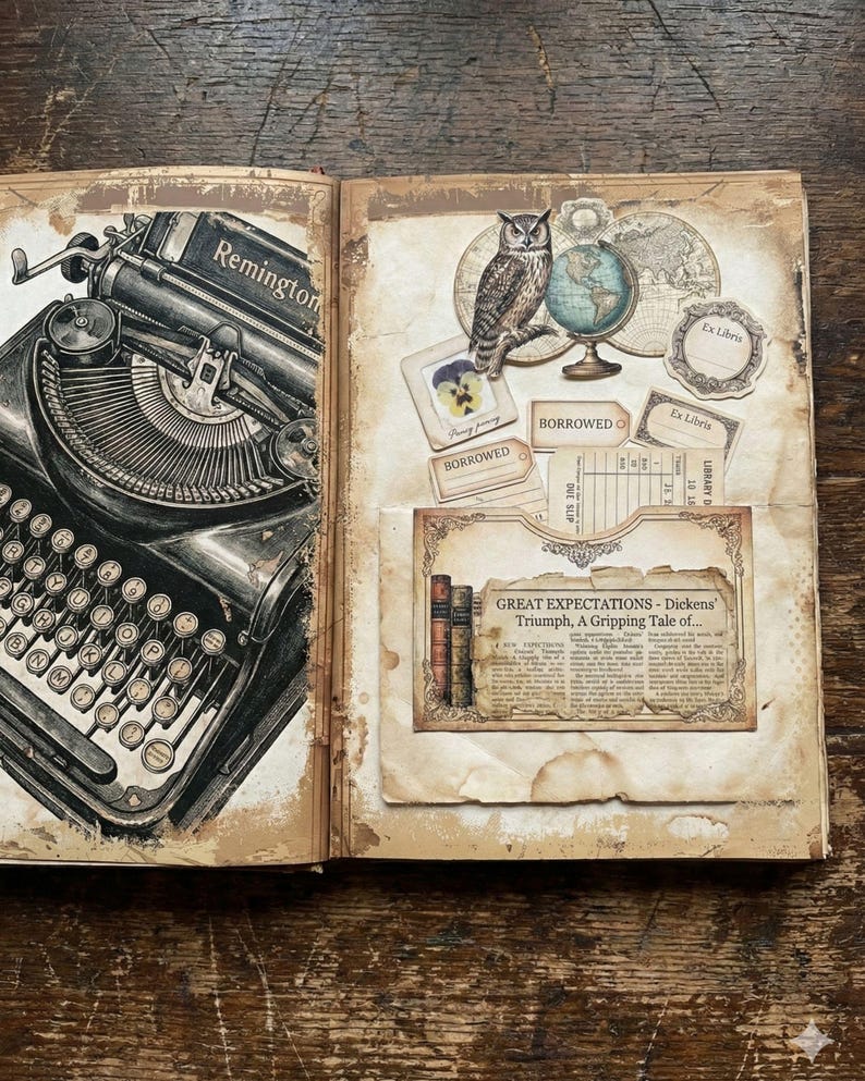 Vintage Library Junk Journal Kit, Dark Academia Digital Paper ...
