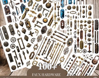 Faux Hardware Fussy Schnitte, Vintage Junk Journal Ephemera, Schlüssel, Schlösser, Scharniere, Zahnräder, Grunge Steampunk druckbare Clipart-Bundle