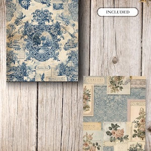 May include: Two decorative paper sheets with vintage floral and landscape designs. One sheet features a blue and white toile pattern with a central oval landscape scene. The second sheet has a collage of floral and script elements.