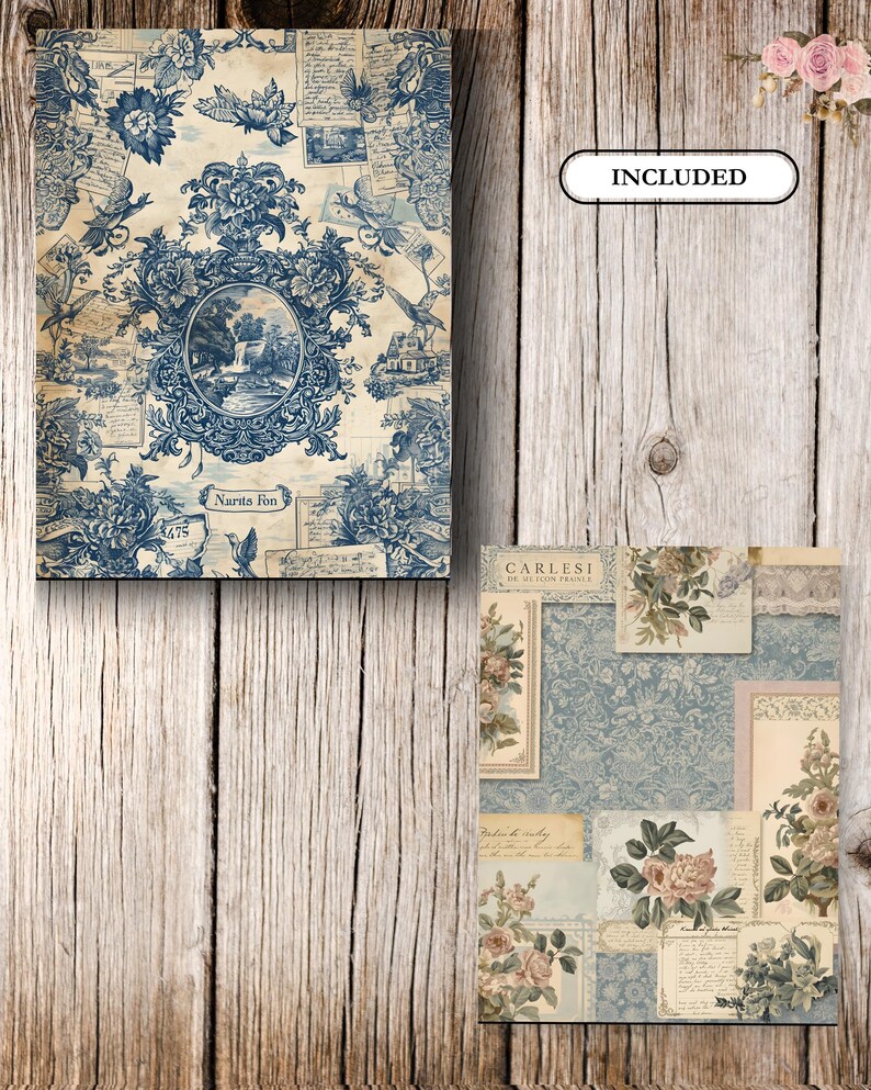 May include: Two decorative paper sheets with vintage floral and landscape designs. One sheet features a blue and white toile pattern with a central oval landscape scene. The second sheet has a collage of floral and script elements.
