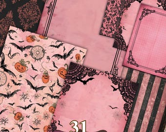 Rosa Halloween-skräpjournalsidor | 31 vintage gotiska kusliga utskrivbara papper | Scrapbook-bakgrunder, Ephemera