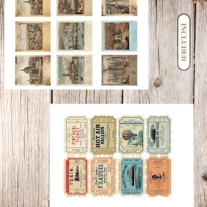May include: A collection of vintage-style ephemera, including nine antique city prints and twelve travel-themed tickets. The prints feature architectural scenes with aged paper textures. The tickets display various modes of transport, such as trains and hot air balloons.
