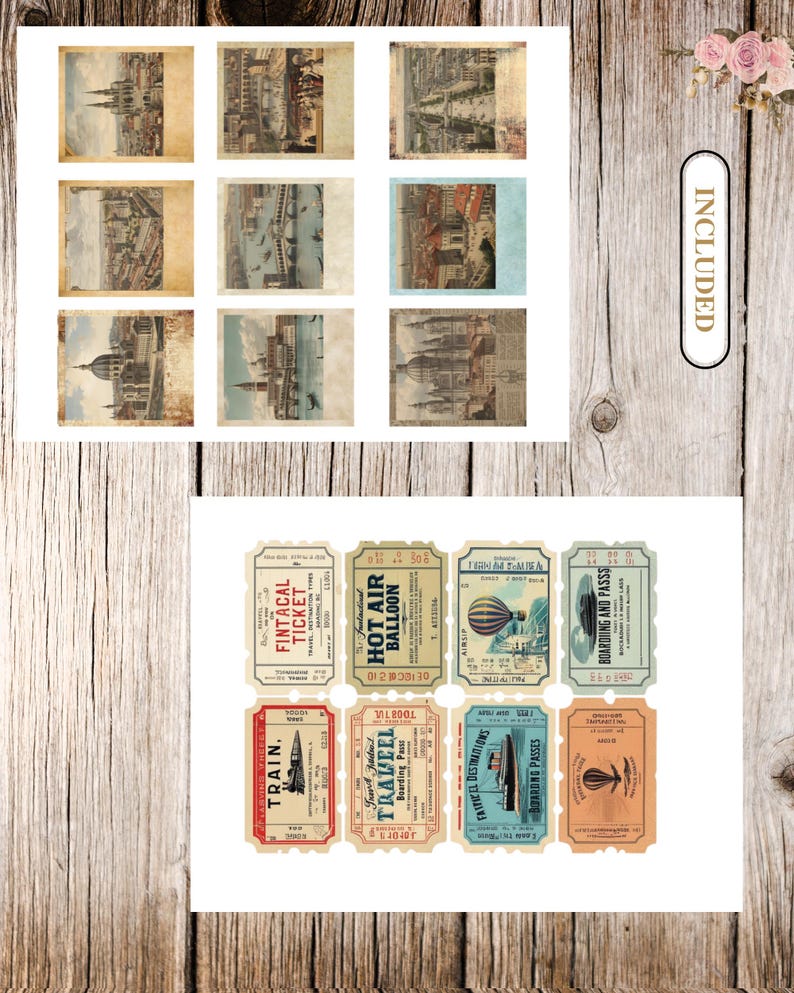 May include: A collection of vintage-style ephemera, including nine antique city prints and twelve travel-themed tickets. The prints feature architectural scenes with aged paper textures. The tickets display various modes of transport, such as trains and hot air balloons.