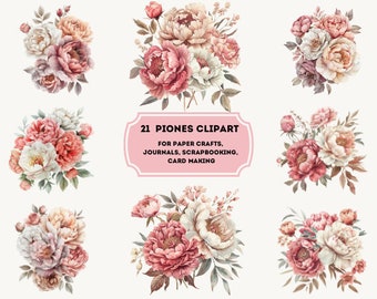 21 Peonies Bouquet Clipart, Peonies Print, Clipart de acuarela imprimible, PNG de alta calidad, Descarga digital, Artesanía en papel, diario basura