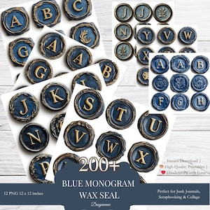 May include: 200+ blue and gold monogram wax seal printable stickers. Each sticker is 12 inches by 12 inches. The stickers feature a variety of letters of the alphabet.