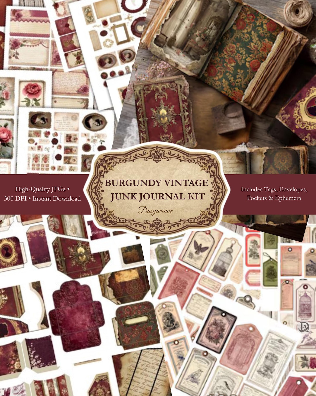 Burgundy Vintage Junk Journal Kit | Printable Ephemera Pack | Antique ...