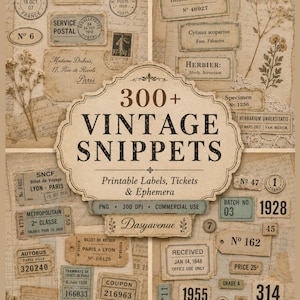 Puede incluir: Una colección de efímeros imprimibles de estilo vintage con más de 300 fragmentos, incluyendo etiquetas postales francesas, etiquetas de herbario, billetes de tren y etiquetas numéricas. El collage en tonos beige muestra varios documentos históricos, sellos e ilustraciones botánicas con el texto 300+ VINTAGE SNIPPETS, Printable Labels, Tickets & Ephemera y Dasyavenue.