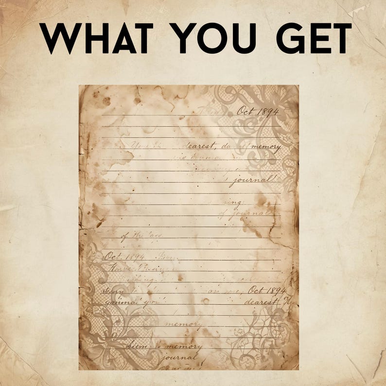May include: A rectangular sheet of aged, stained paper with horizontal lines and cursive handwriting. The text includes the date Oct 1894 and the words journal and memory. The paper features decorative lace-like patterns in the corners.