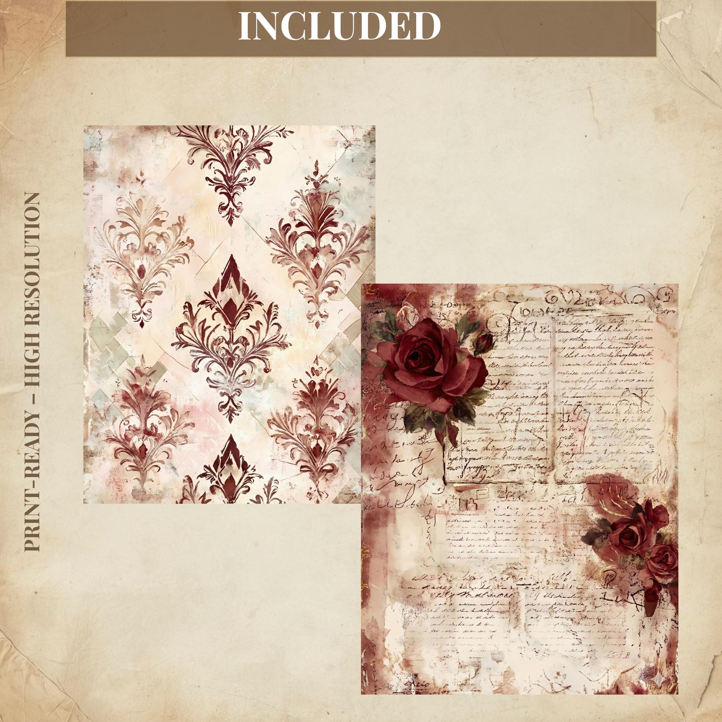 Burgundy Valentine Junk Journal Pages, Vintage Rose Digital Paper ...