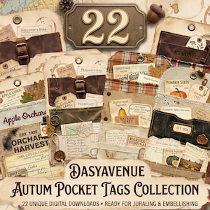 Könnte beinhalten: Eine Sammlung von 22 digitalen Taschenanhängern mit herbstlichen Vintage-Motiven, darunter braune Ledertexturen, Karomuster, Jute-Akzente und verschiedene Ephemera wie Gepäckanhänger, Landkarten, Erntetickets und botanische Illustrationen.