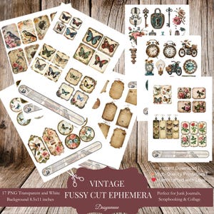 Adesivos Fussy Cut: 105 objetos vintage, download digital - perfeitos para artesanato em papel, scrapbooking, diário de lixo e suprimentos para scrapbooking