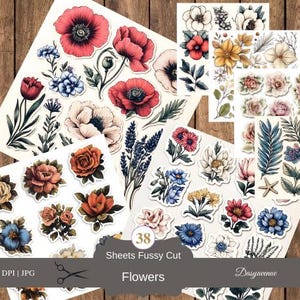Fussy Cut Blumen Aufkleber: 38 Blatt Vintage-Objekte, Fussy Cut Vintage Blumen, Vintage Flowers Scrapbook, druckbare Blumenmuster-Aufkleber